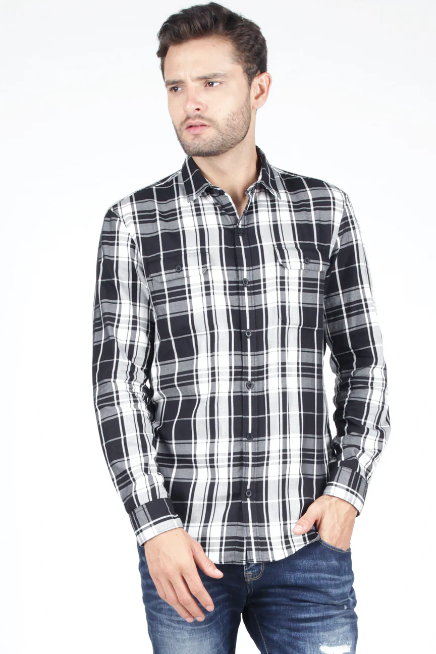 Kemeja Lengan Panjang Black Static Black Offwhite Reguler