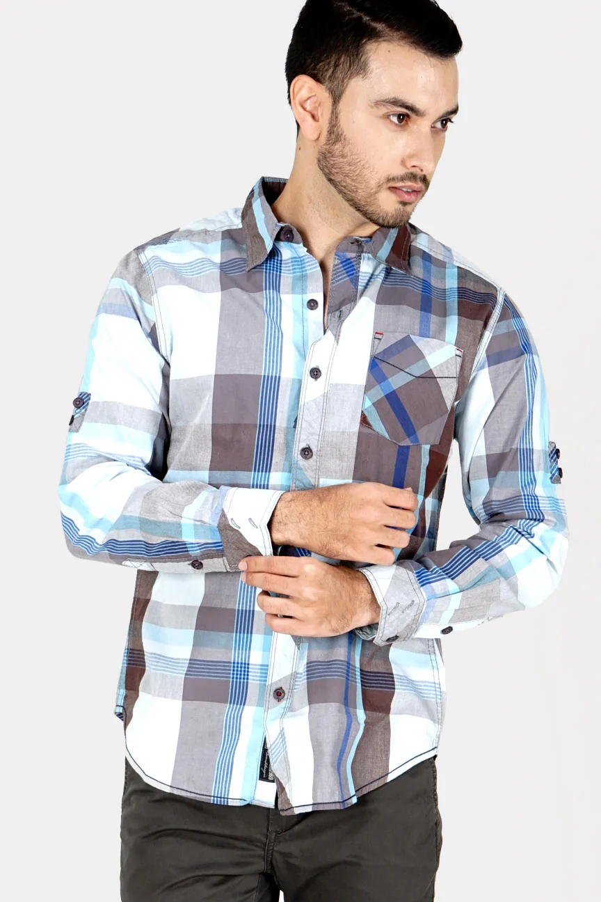 Kemeja Lengan Panjang Blue Thunder Grey Blue Check