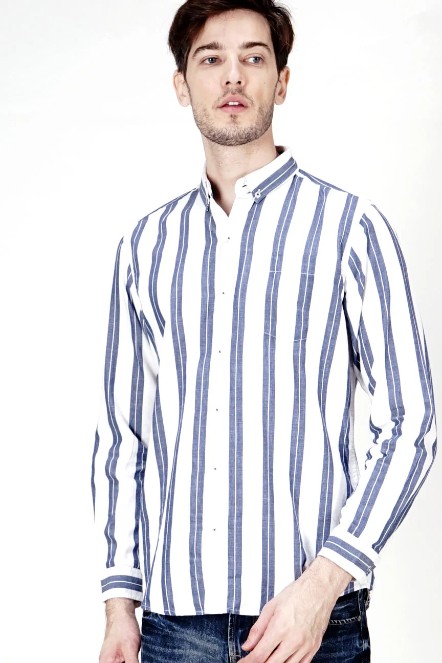 Kemeja Lengan Panjang Finch White Navy Regular
