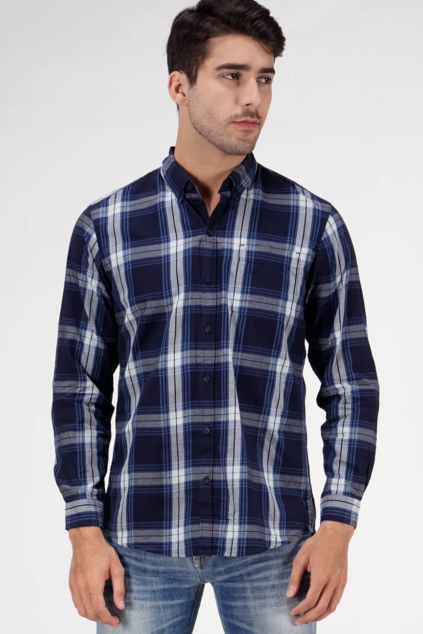 Kemeja Lengan Panjang Griff Navy White Regular