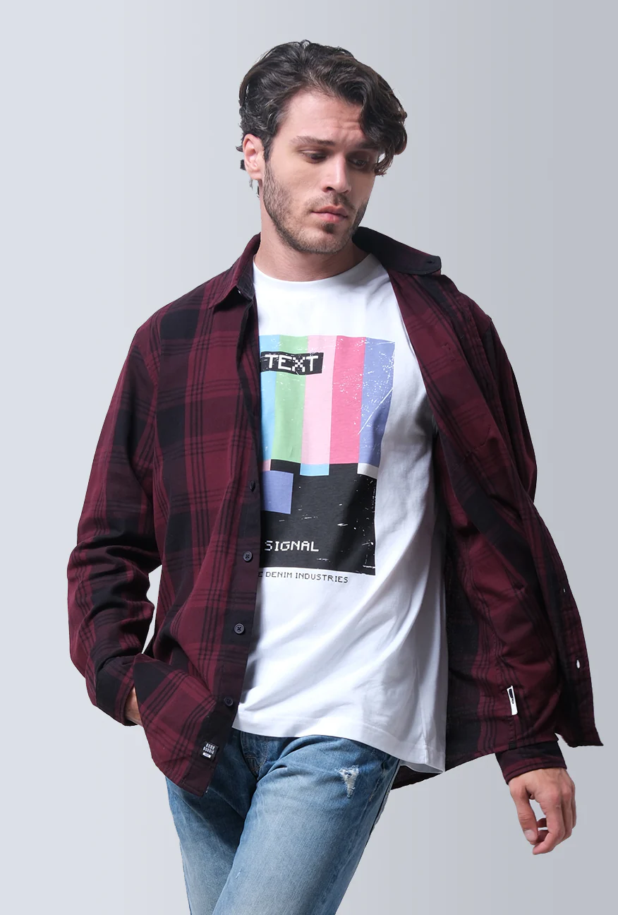 Kemeja Lengan Panjang Digired Maroon Black