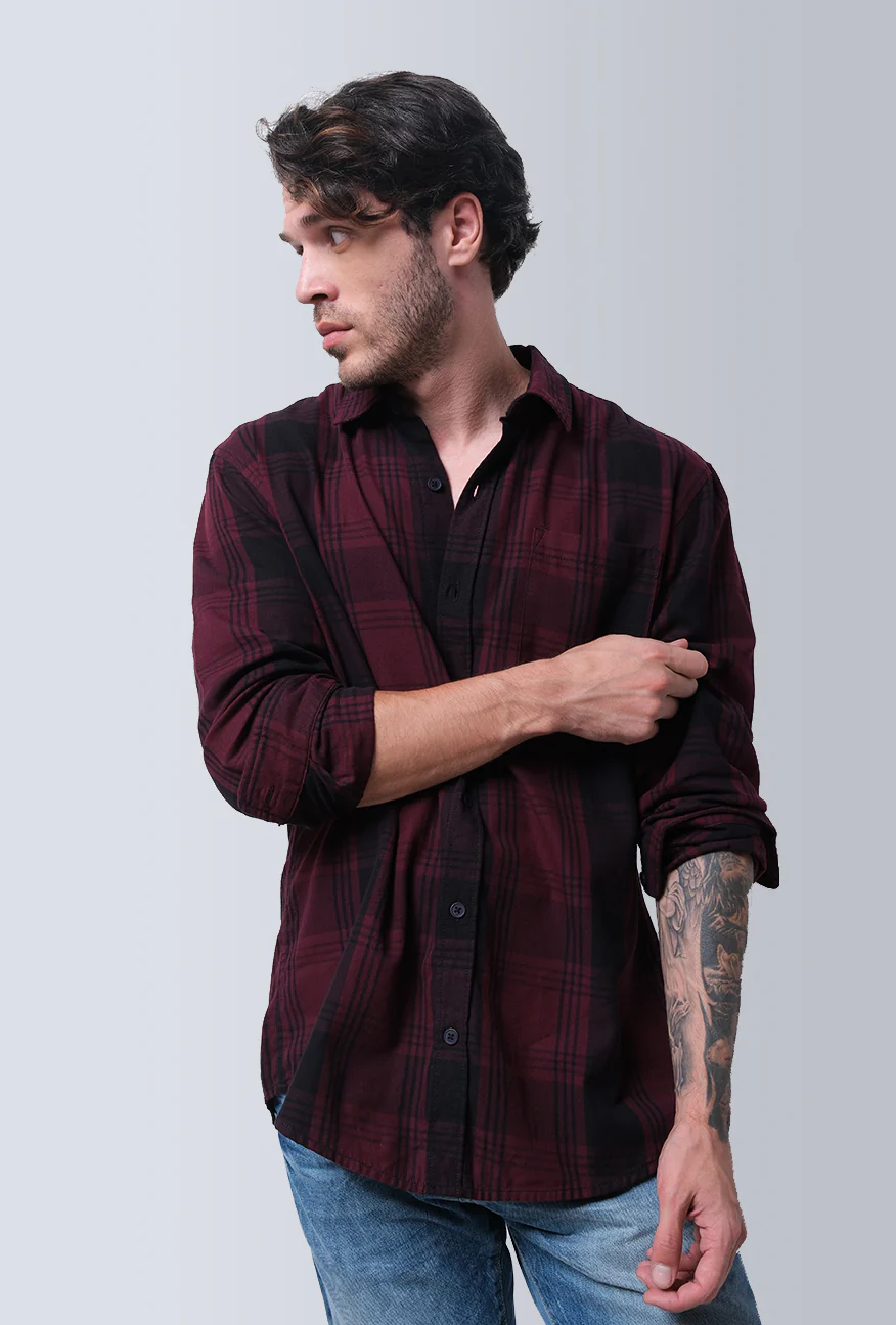 Kemeja Lengan Panjang Digired Maroon Black - Image 2