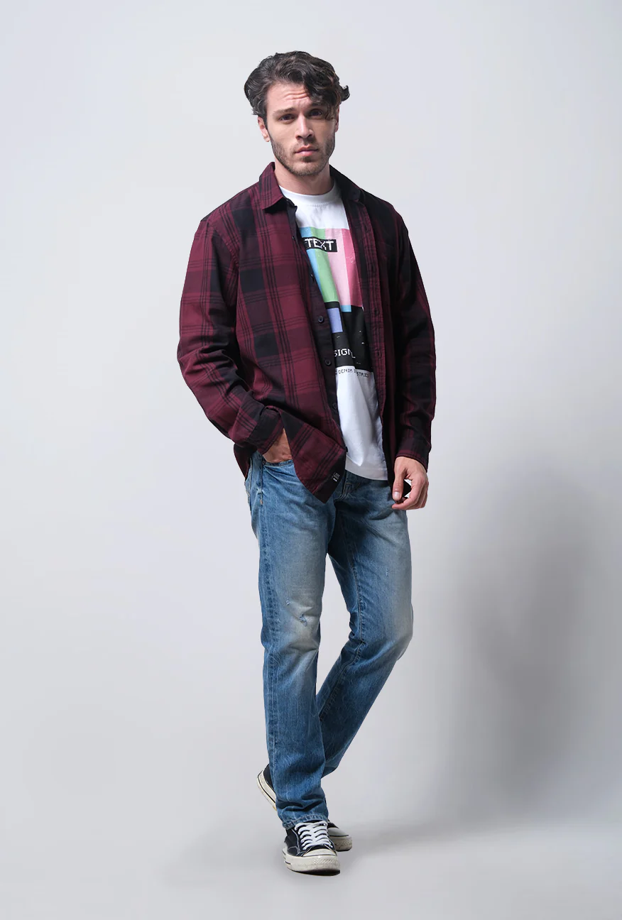 Kemeja Lengan Panjang Digired Maroon Black - Image 3