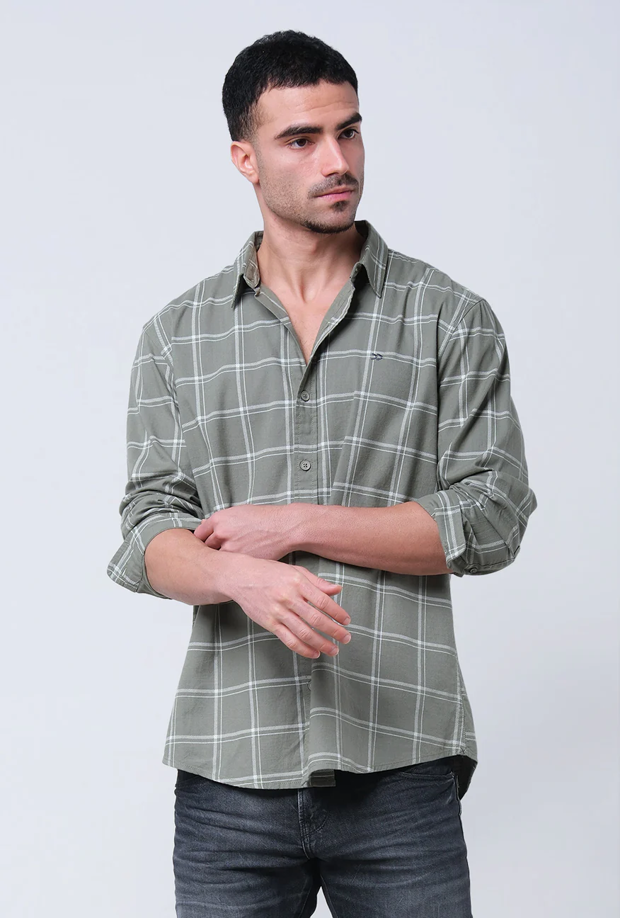 Kemeja Lengan Panjang Regular Racked Green Offwhite