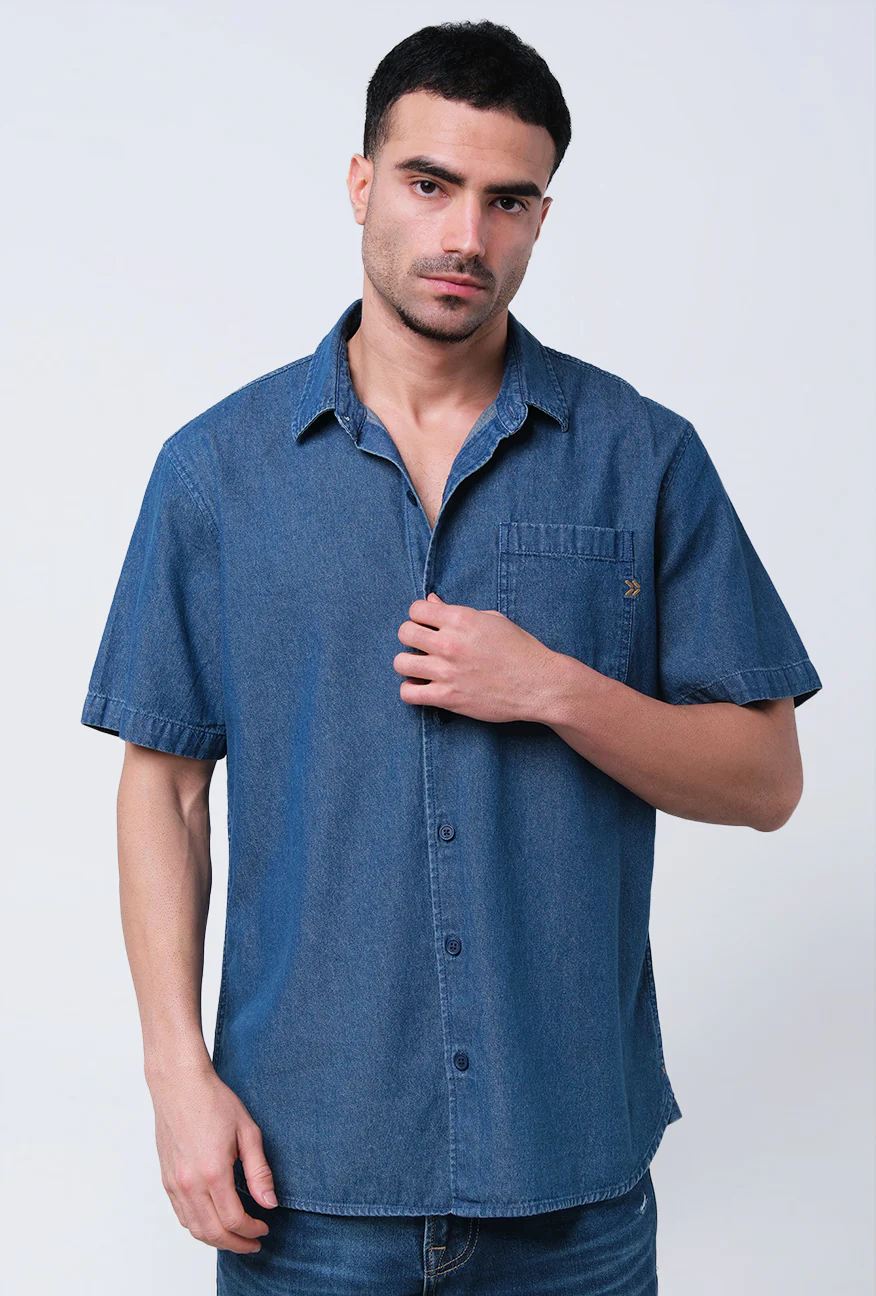 Kemeja Lengan Pendek Chambray Morton Medium Blue