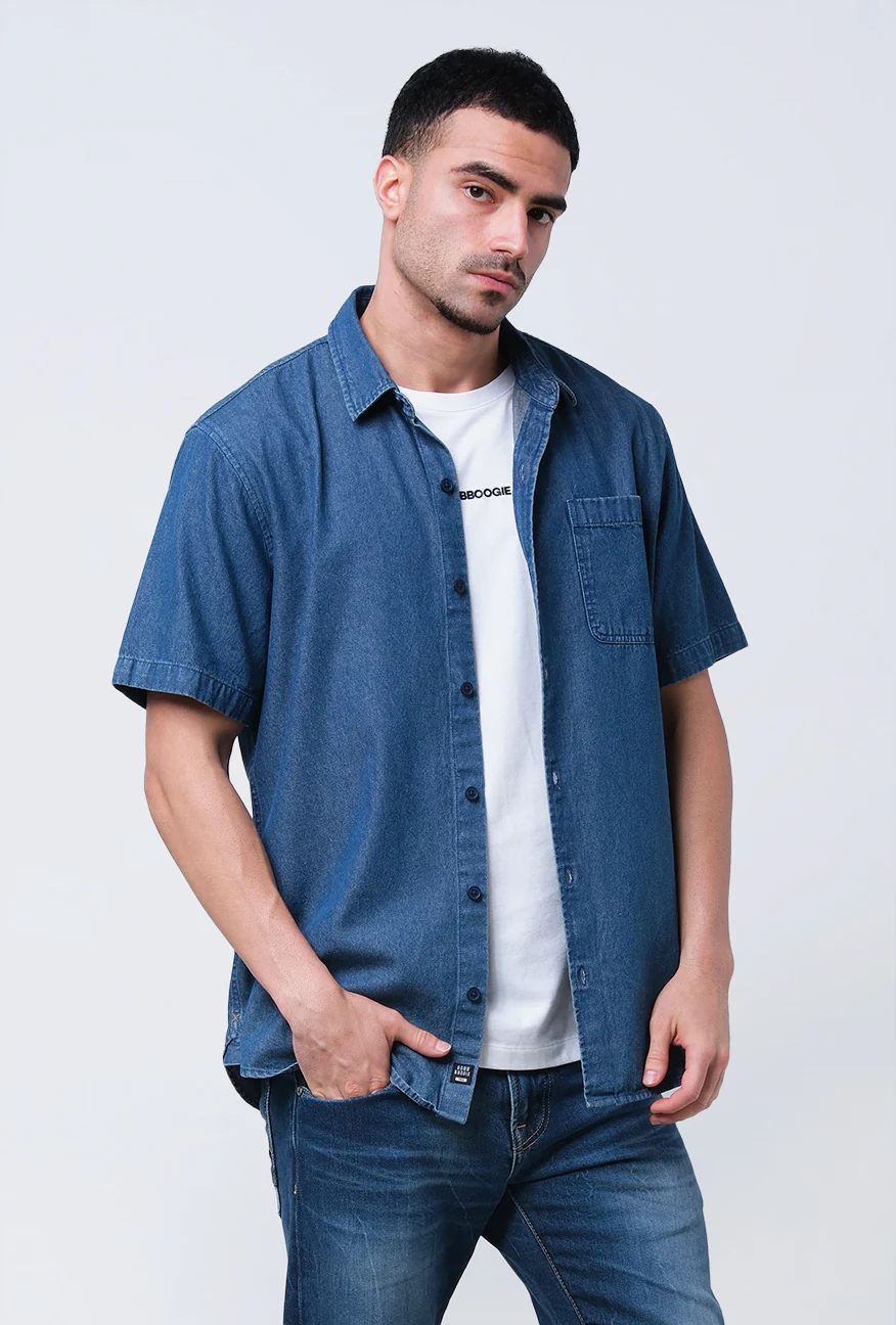 Kemeja Lengan Pendek Chambray Morton Medium Blue - Image 4