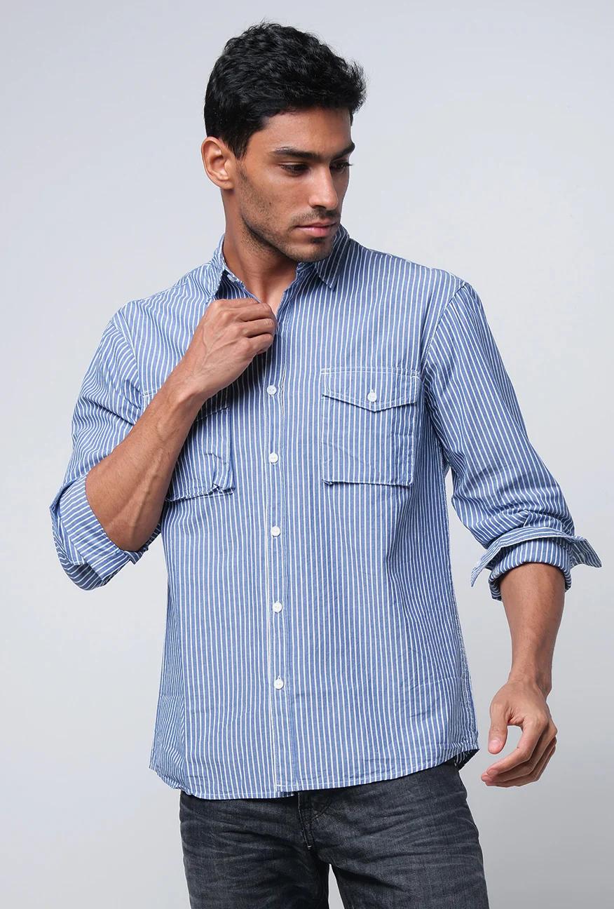 Kemeja Lengan Panjang Light Cyrus Blue White - Image 3