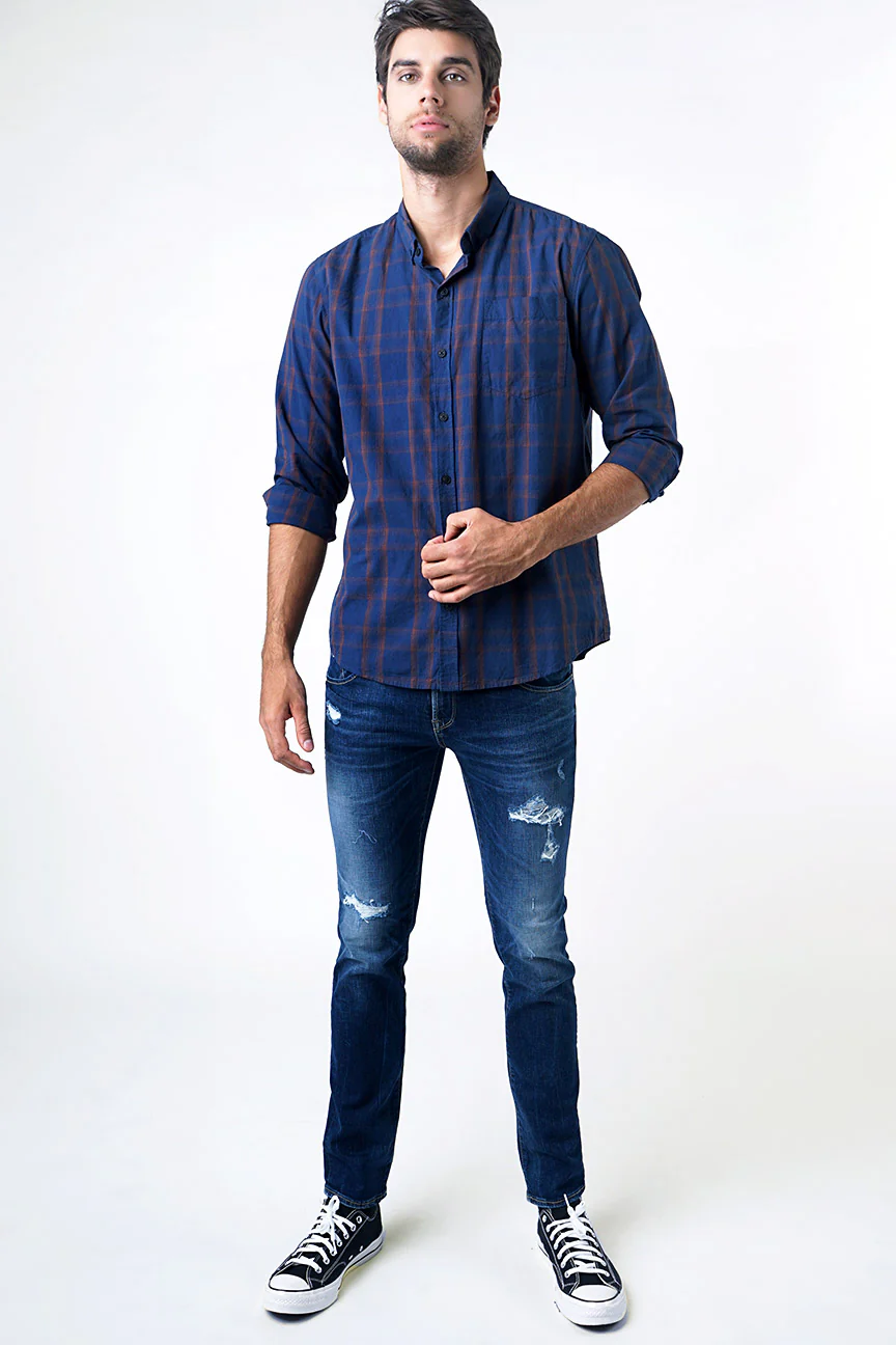 Kemeja Lengan Panjang Pixie Blue Navy Brown - Image 3