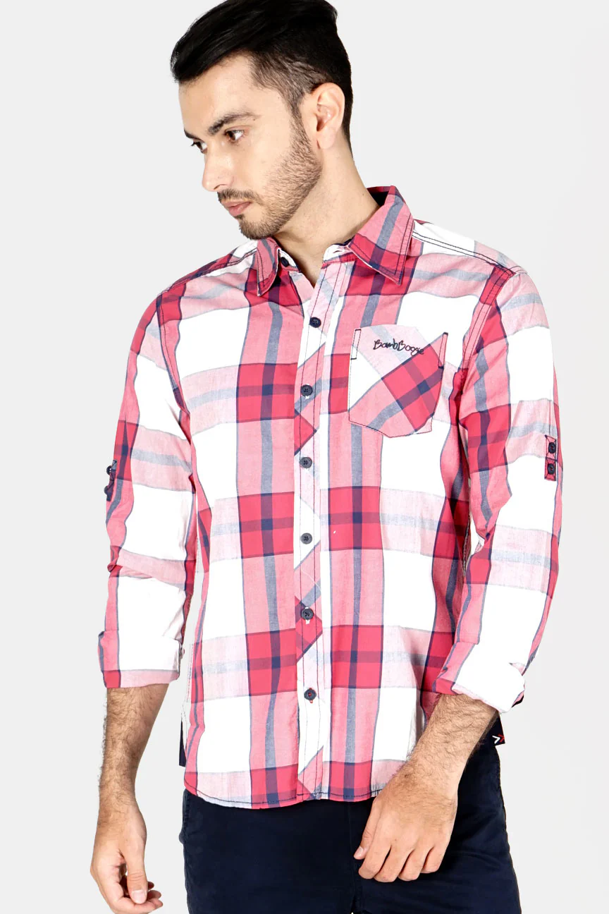 Kemeja Lengan Panjang Red Rhythm Check Red White