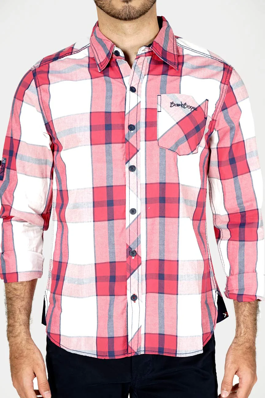 Kemeja Lengan Panjang Red Rhythm Check Red White - Image 3