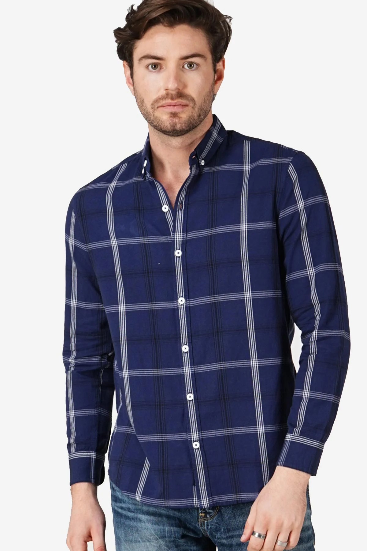 Kemeja Lengan Panjang Rogan Navy White Regular