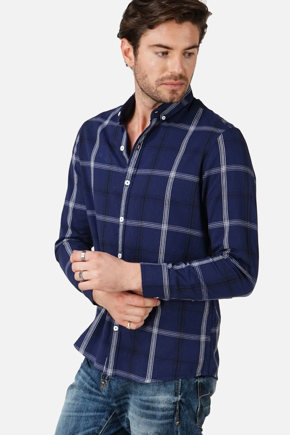 Kemeja Lengan Panjang Rogan Navy White Regular - Image 2