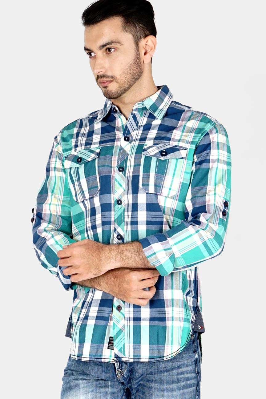 Kemeja Lengan Panjang Stardust Green Navy Check - Image 2