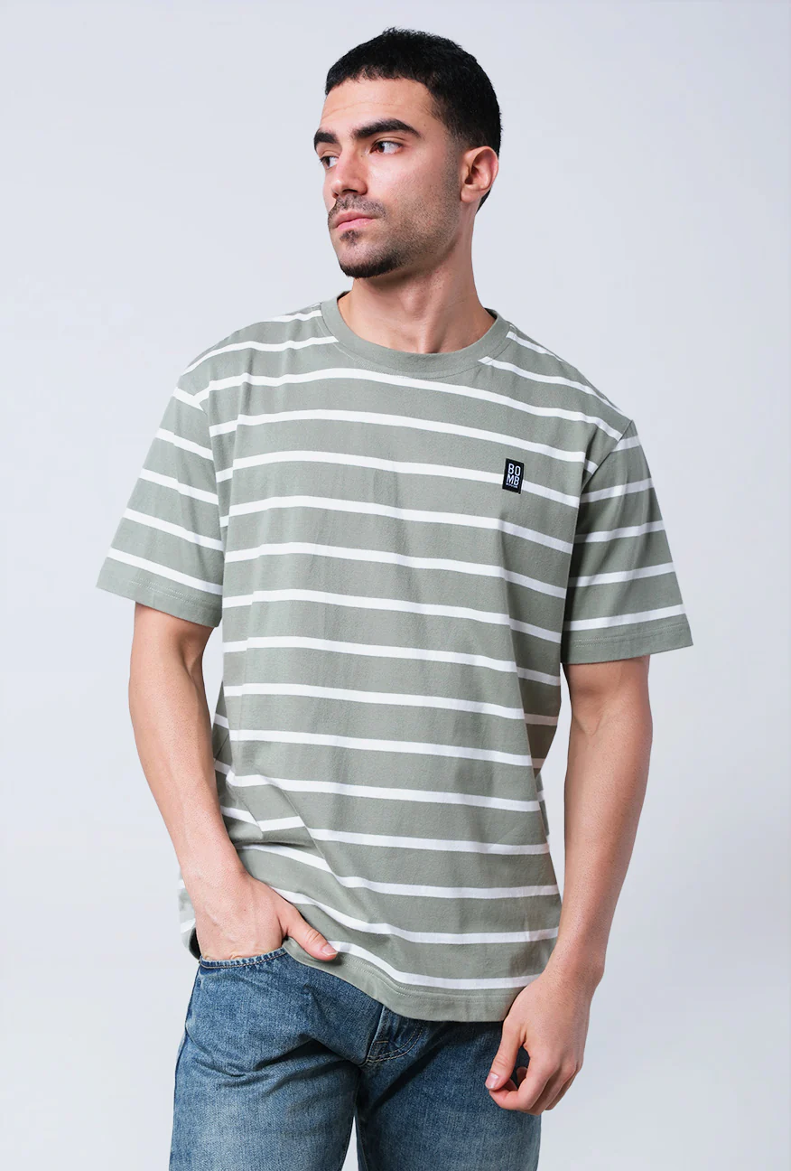T-Shirt Lengan Pendek Cherlo Olive White Stripe