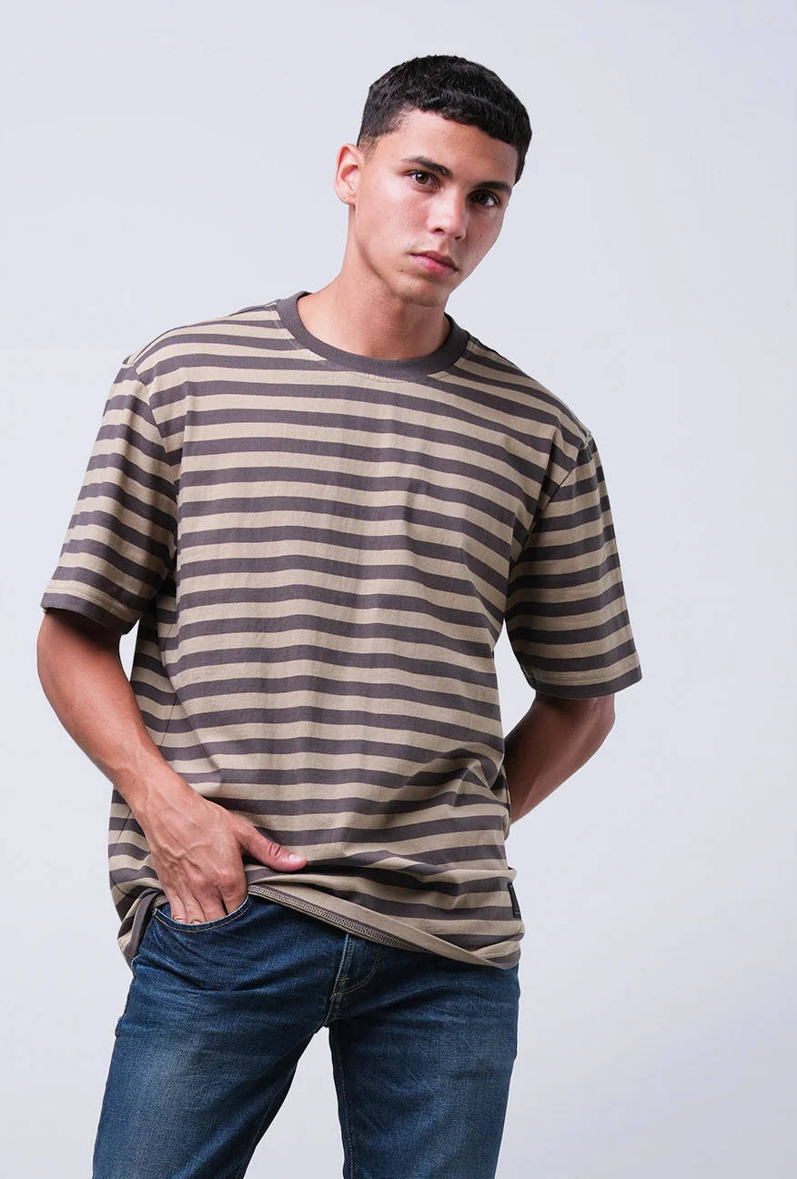 T-Shirt Lengan Pendek Regular Altha Grey Khaki 2.0 Stripe