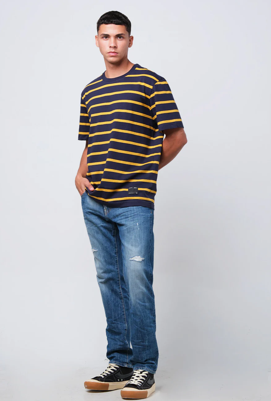 T-Shirt Lengan Pendek Regular Carly Navy Mustard Stripe - Image 2