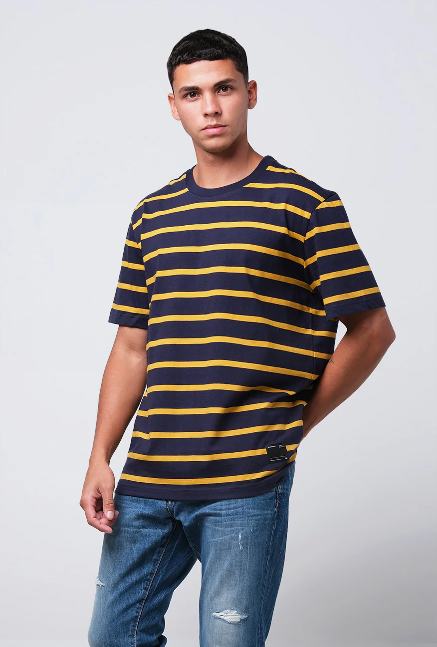 T-Shirt Lengan Pendek Regular Carly Navy Mustard Stripe - Image 3