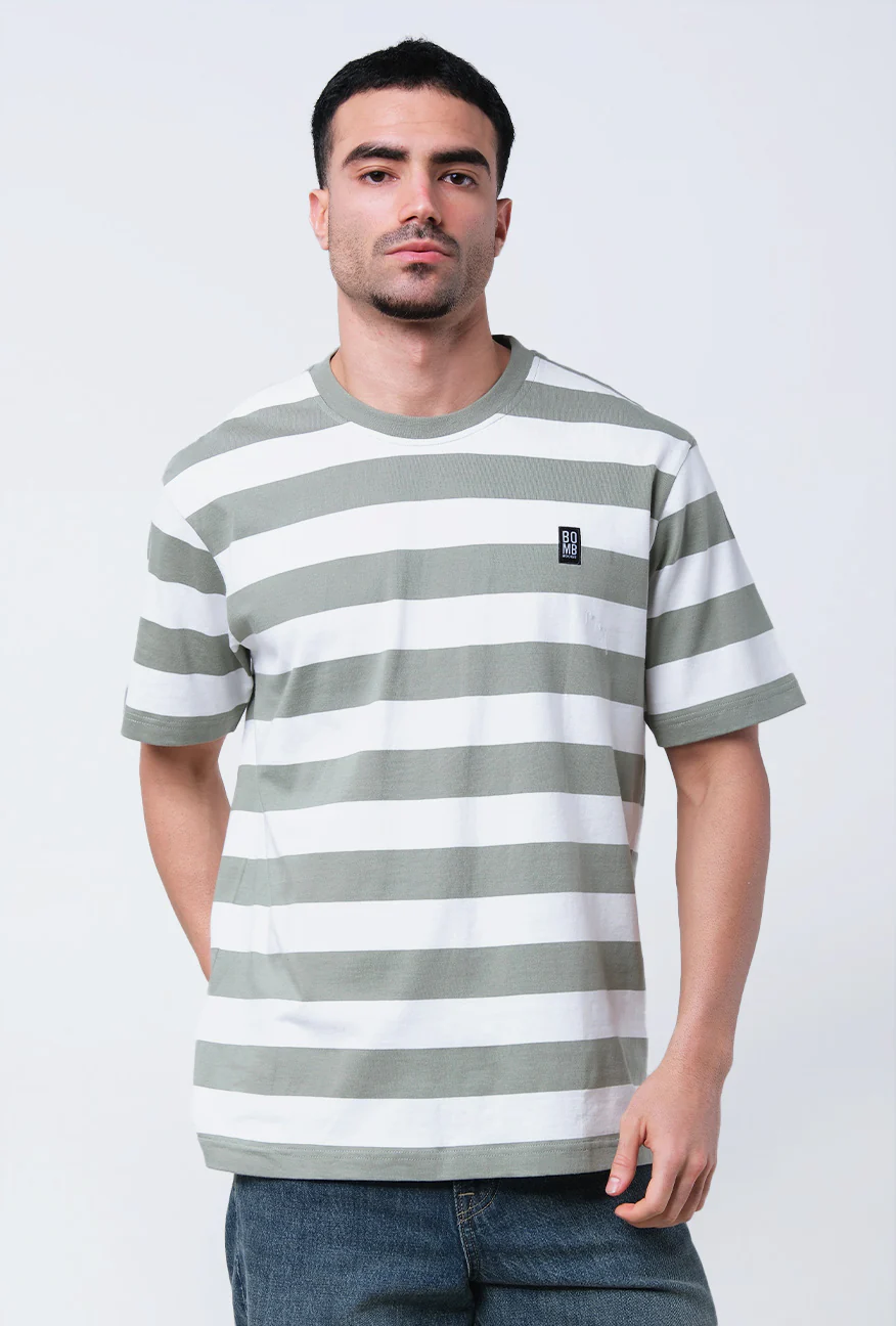 T-Shirt Lengan Pendek Regular Guyler Olive White Stripe