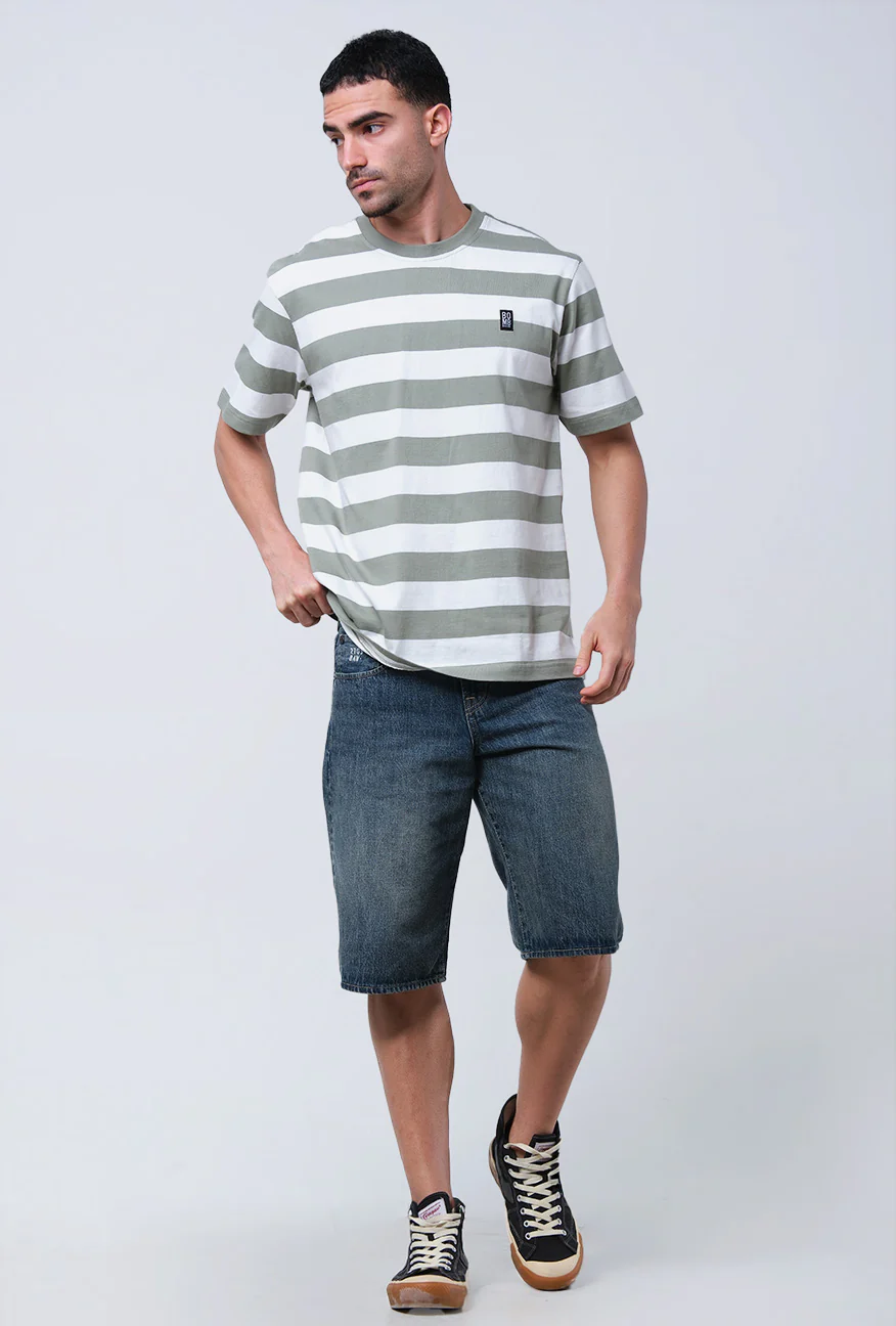 T-Shirt Lengan Pendek Regular Guyler Olive White Stripe - Image 3