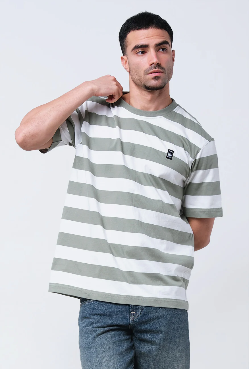 T-Shirt Lengan Pendek Regular Guyler Olive White Stripe - Image 5